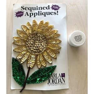 Sunflower Sequined Applique NIP Adhesive Karla Jordan 7" Yellow Green
